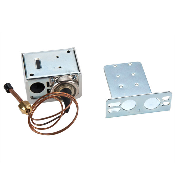 A metal box with a metal thermostat and a copper wire inside.