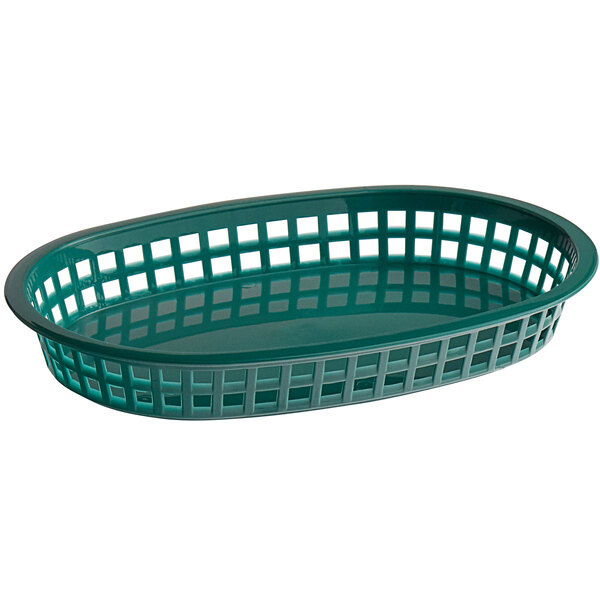 A forest green plastic Tablecraft oval platter basket with holes.