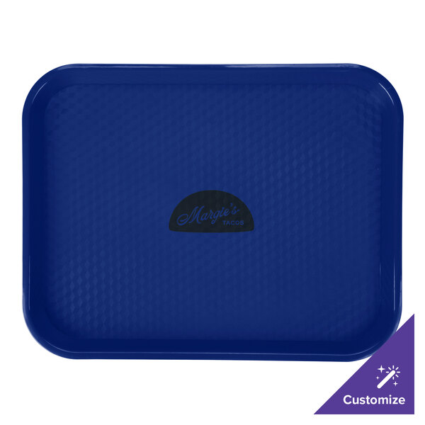A cobalt blue polypropylene fast food tray with a black logo on it.