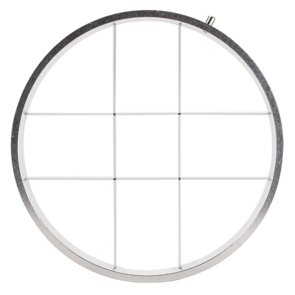 A circular metal frame with white grids for dicing salad.