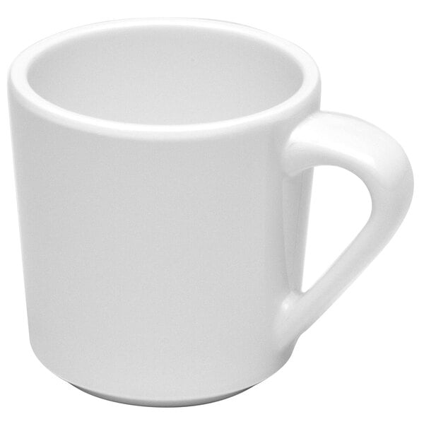 A close-up of a white mug with a white handle.