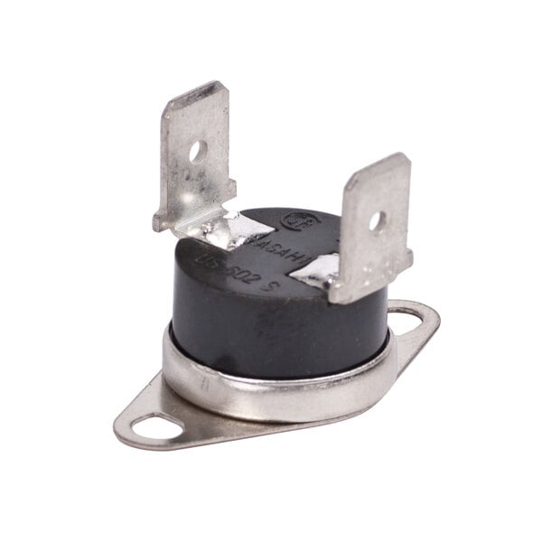 A close-up of a black and silver metal TurboChef Snap Disc Thermostat.