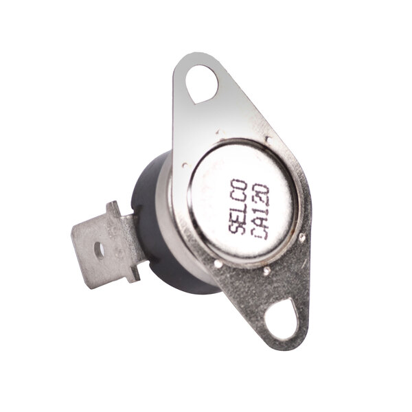 A close-up of a silver round TurboChef Snap Disc Thermostat.