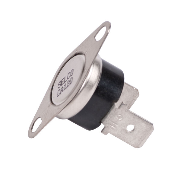 A close-up of a small metal TurboChef Snap Disc Thermostat.