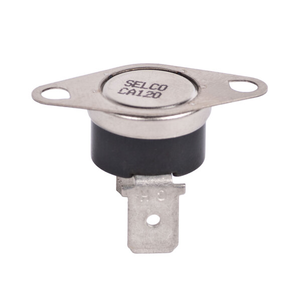 A close-up of a black and silver TurboChef Snap Disc Thermostat.