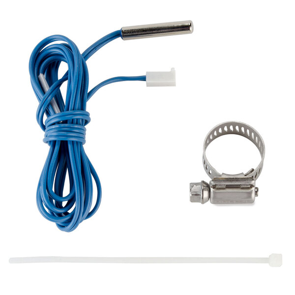 A blue wire with white connectors and a metal clamp.