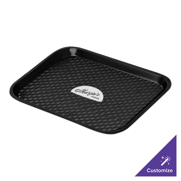 A black rectangular tray with a white logo.