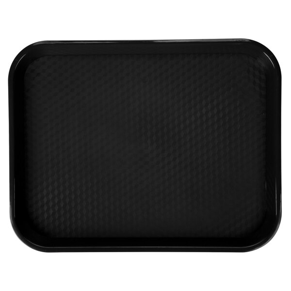 A black GET fast food tray with a textured surface.