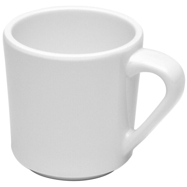 A close up of a white mug with a white handle.