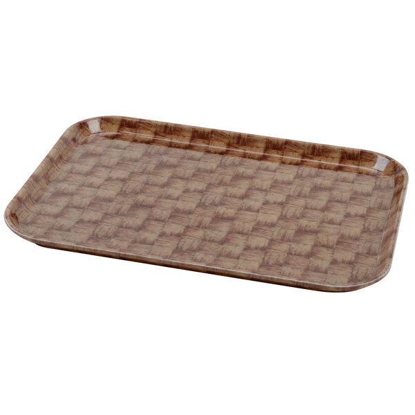 A brown rectangular Cambro tray with a basketweave pattern.