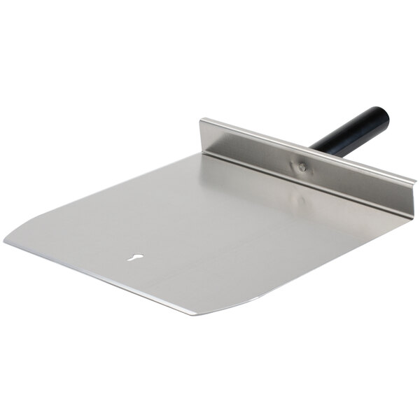 A silver aluminum paddle peel with a black handle.