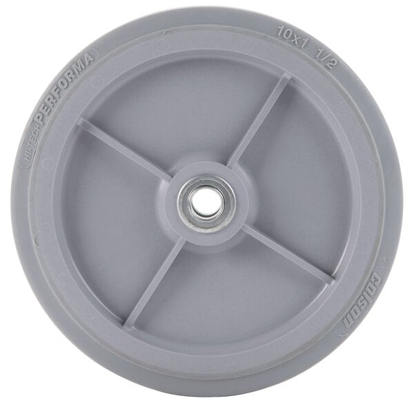 A grey wheel with a hole in it.