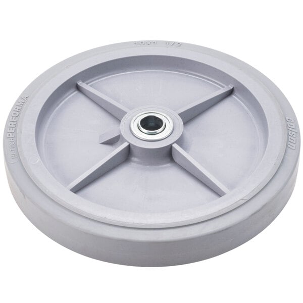 A grey wheel with a plastic hub and a metal hub.