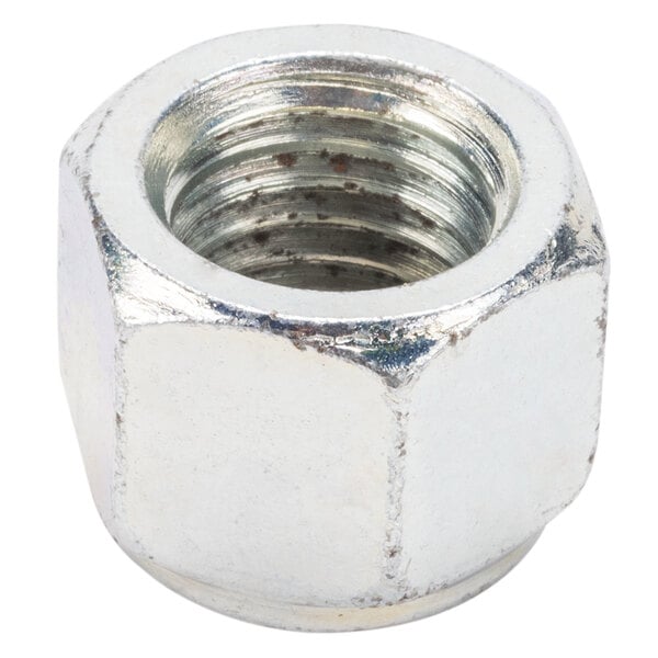 A close-up of a white hex nut.