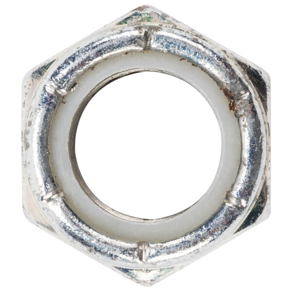 A hexagon nut with a white metal ring on the inside.