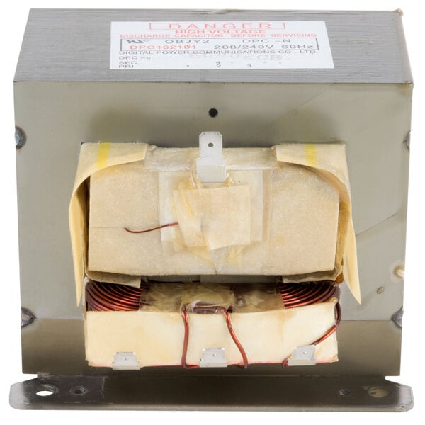 A close-up of a white rectangular High Voltage Transformer with wires.