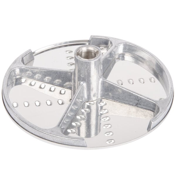 A Robot Coupe 5/32" grating/shredding disc, a circular metal object with holes.