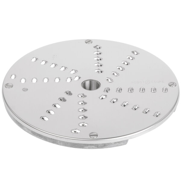 A Robot Coupe stainless steel grating/shredding disc with circular holes.