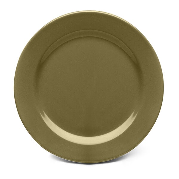 A close-up of a brown and white Elite Global Solutions Lizard melamine plate with a circular pattern.