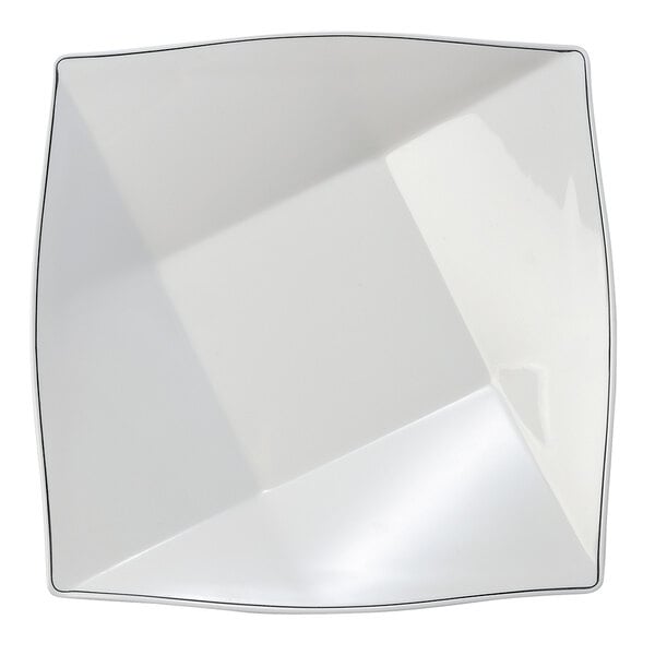 An Elite Global Solutions white pillowed square plate with black trim.
