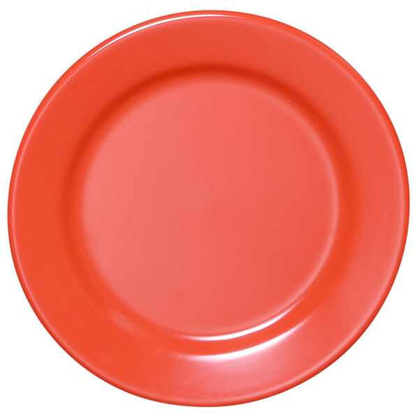 A close up of an Elite Global Solutions Rio Spring Coral melamine plate in red.