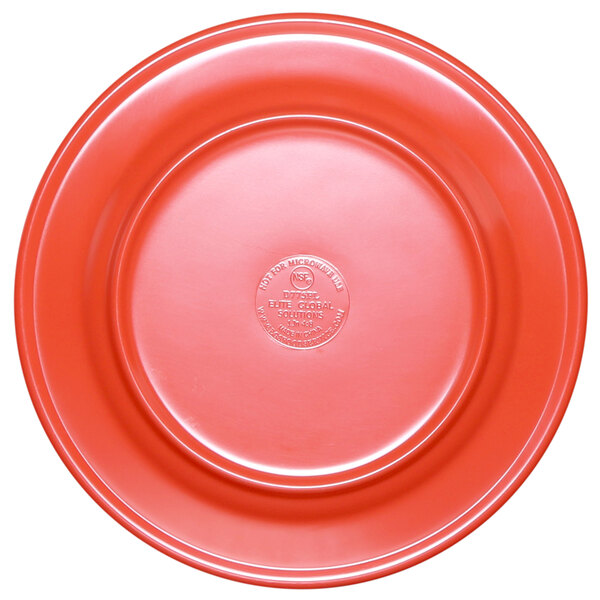 A red Elite Global Solutions melamine plate with a logo on it.
