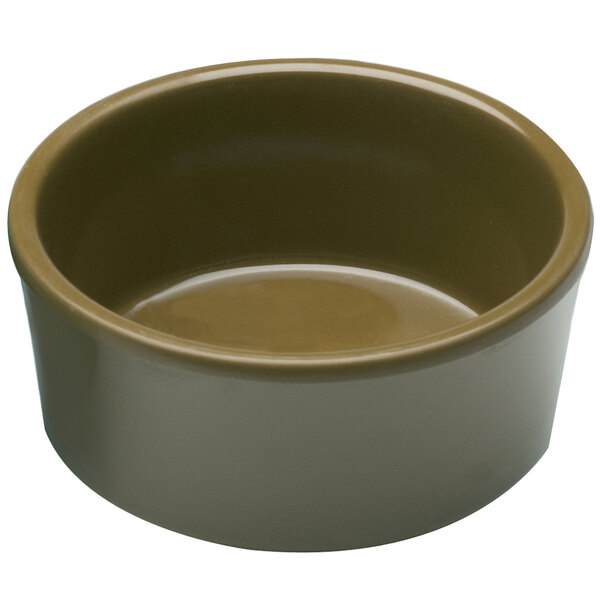 A brown Elite Global Solutions melamine ramekin with a lizard design.
