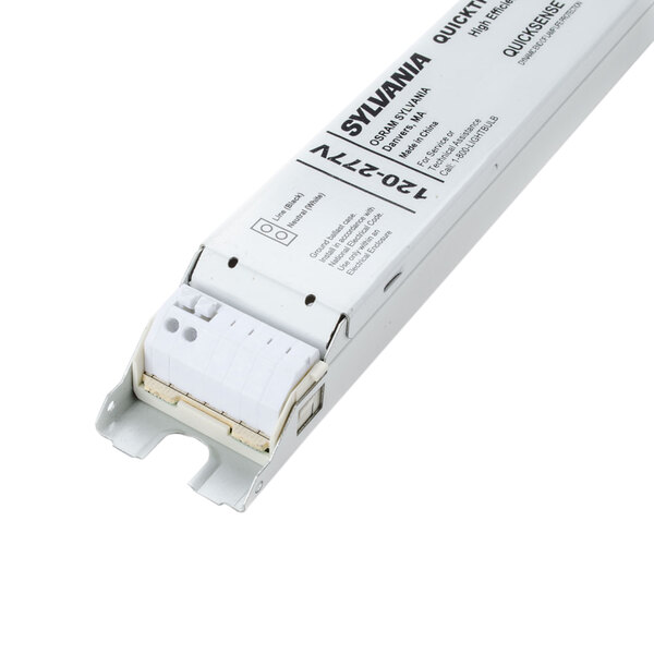 A white rectangular light ballast with black text.