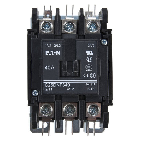 A black non-reversing contactor with silver metal screws and metal wires.