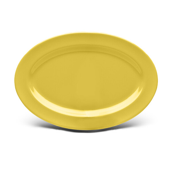 A yellow oval platter with a white border.