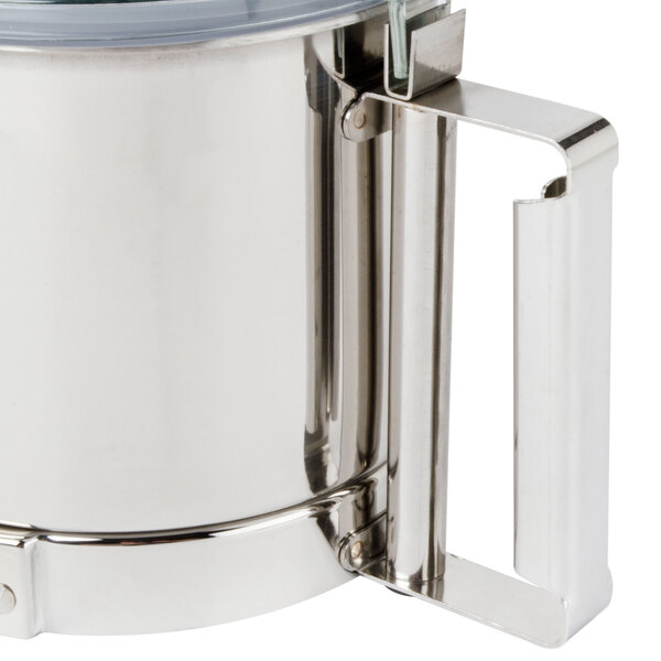 A close-up of a silver stainless steel bowl for a Robot Coupe food processor.