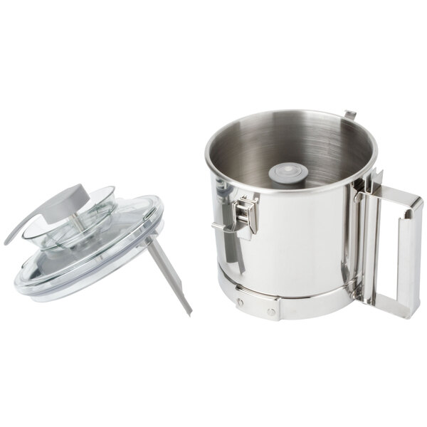 A silver stainless steel bowl kit for a Robot Coupe commercial food processor.