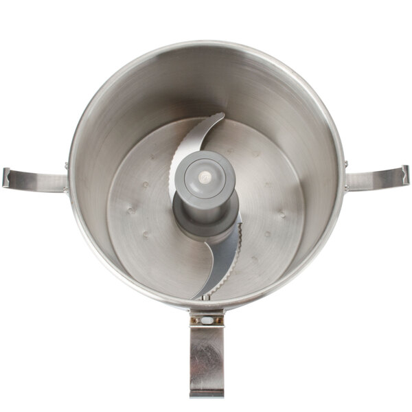 A Robot Coupe stainless steel bowl with a metal blade inside.