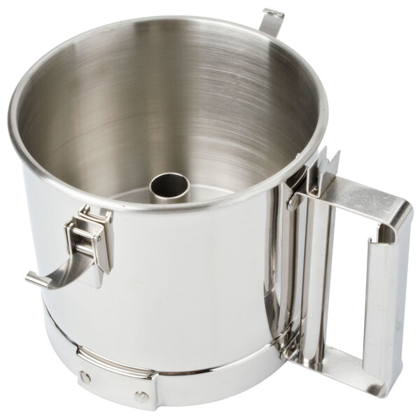 A silver stainless steel bowl with a handle.