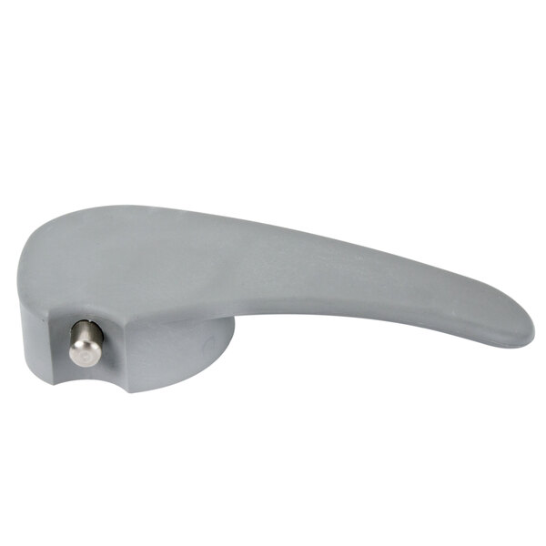 A stainless steel bowl with a grey handle and a silver knob.