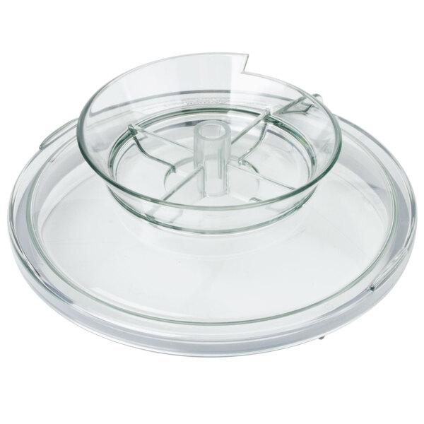 A Robot Coupe stainless steel bowl with a lid.