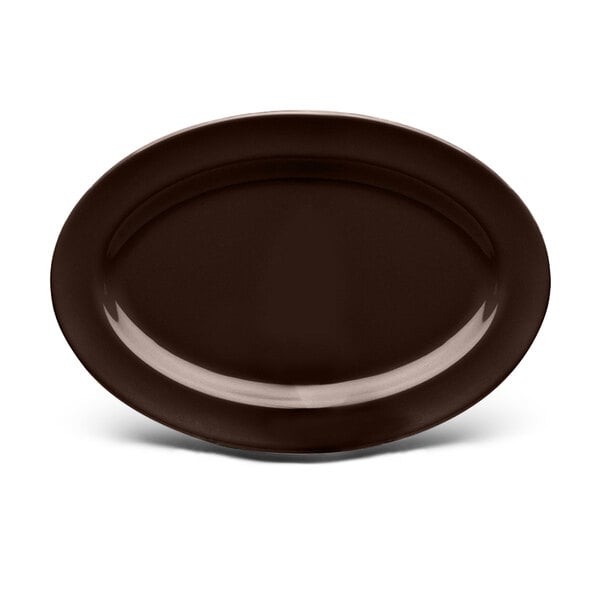 An aubergine oval melamine platter with a white border.