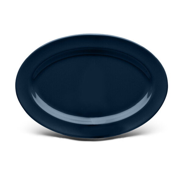 An oval dark blue Elite Global Solutions melamine platter with a white border.