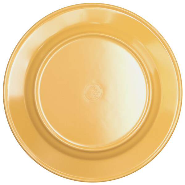 A close up of a yellow Elite Global Solutions Rio melamine plate.