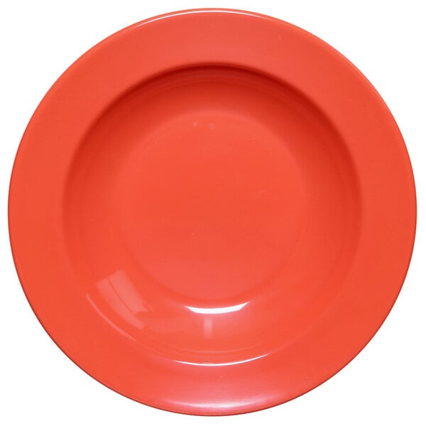 A red melamine bowl with an orange rim.
