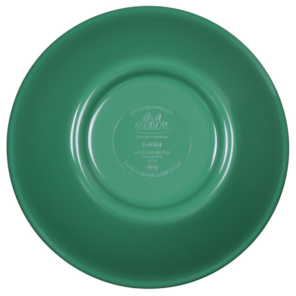 A close-up of a green Elite Global Solutions round melamine monkey dish with a circular edge.
