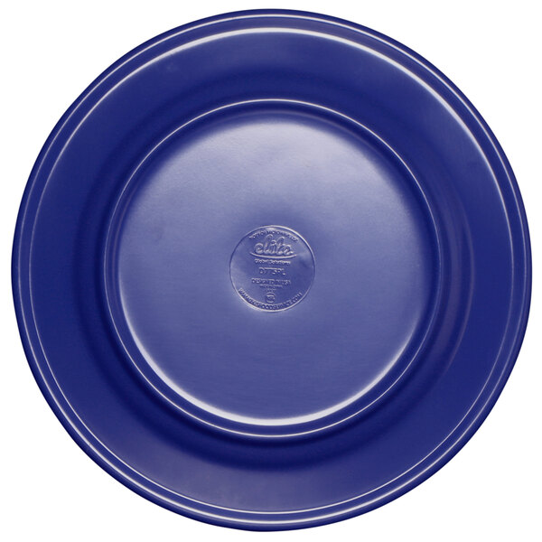 A purple melamine plate with a circular design.