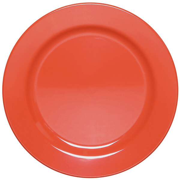 A close-up of a red Elite Global Solutions Rio Spring Coral melamine plate.