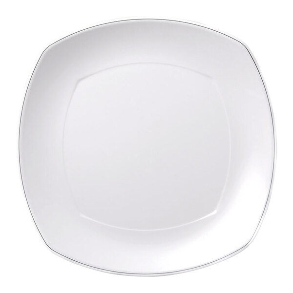 A white square plate with black trim.
