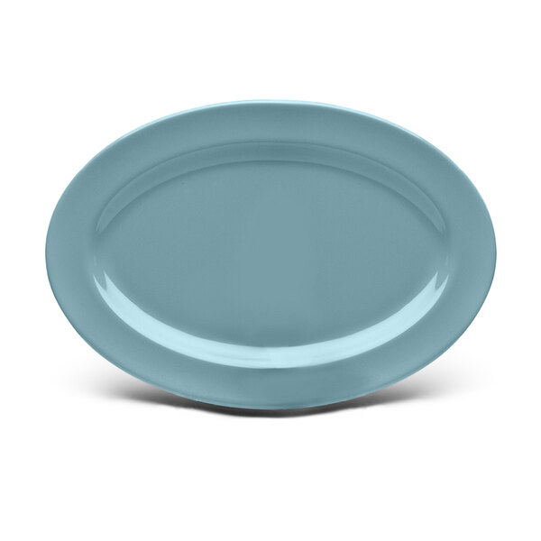 An Elite Global Solutions blue oval melamine platter with a white background.