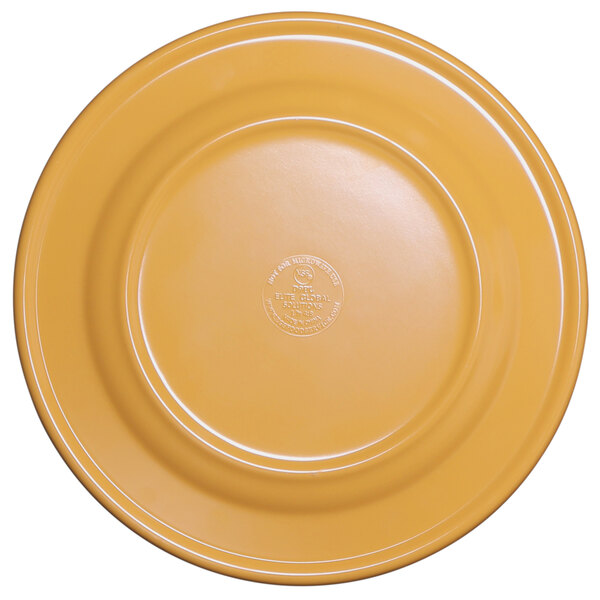 A yellow Elite Global Solutions melamine plate with a circular design and logo.