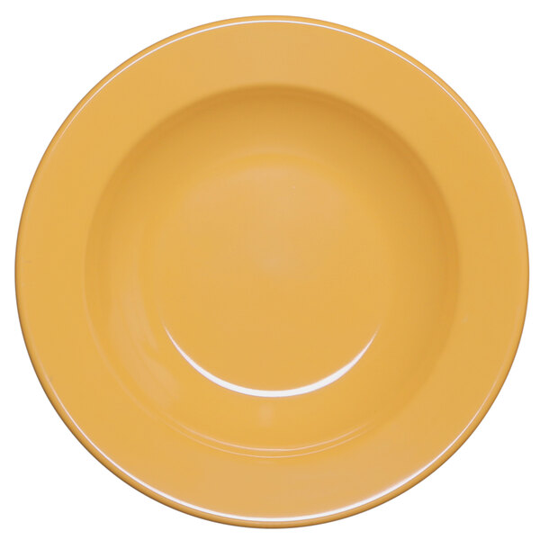 A yellow Elite Global Solutions melamine bowl.