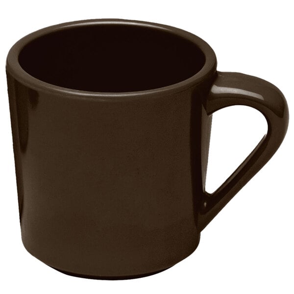 An aubergine melamine mug with a handle.