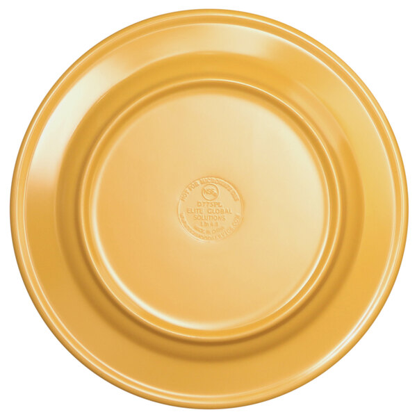 A yellow Elite Global Solutions melamine plate with a circular design and logo.