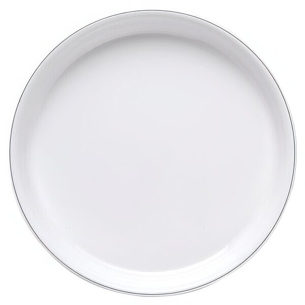 A white Elite Global Solutions round plate with black trim.